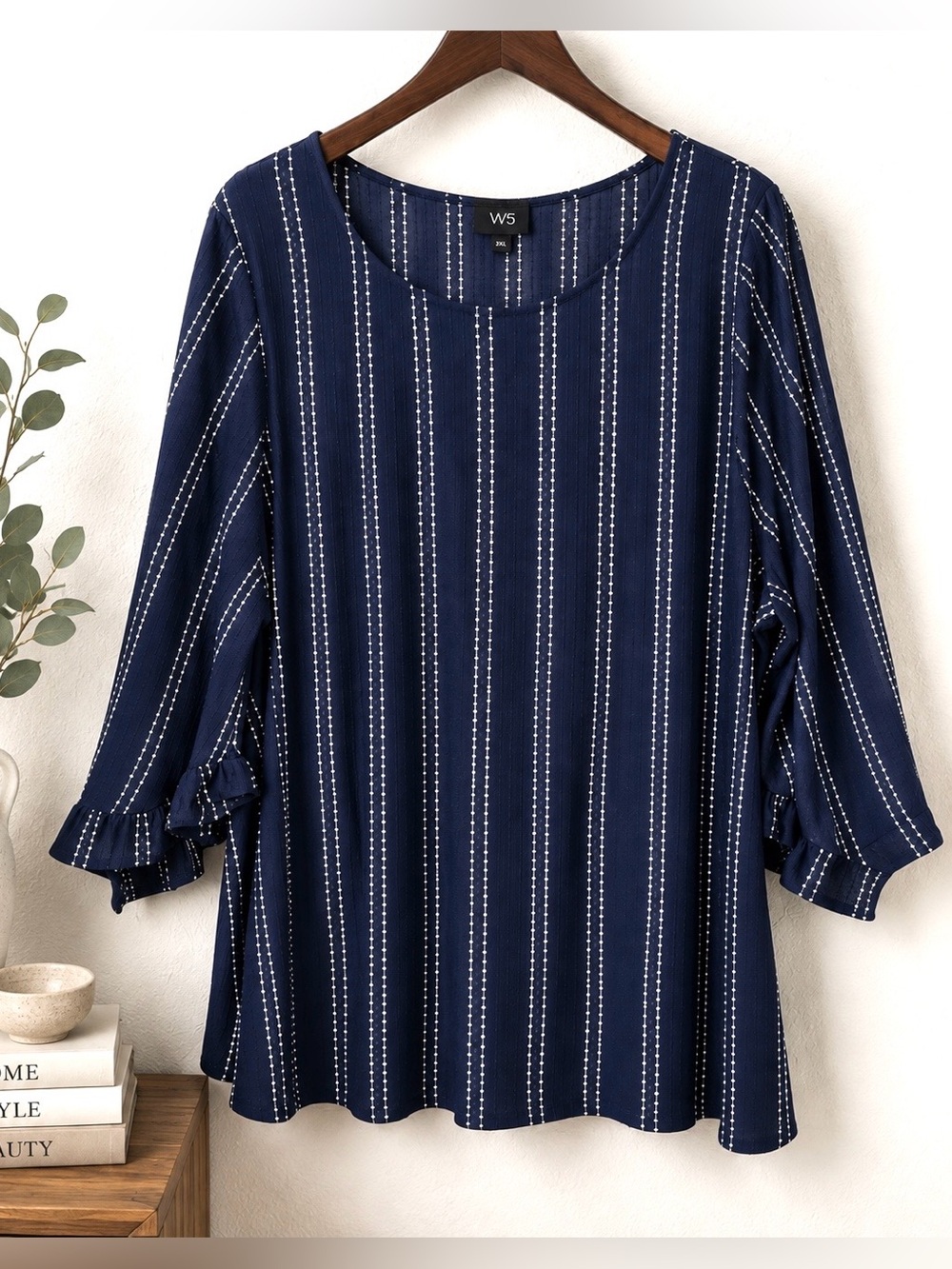 Navy Textured Dot Stripe Ruffle Sleeve Lightweight Blouse 2X